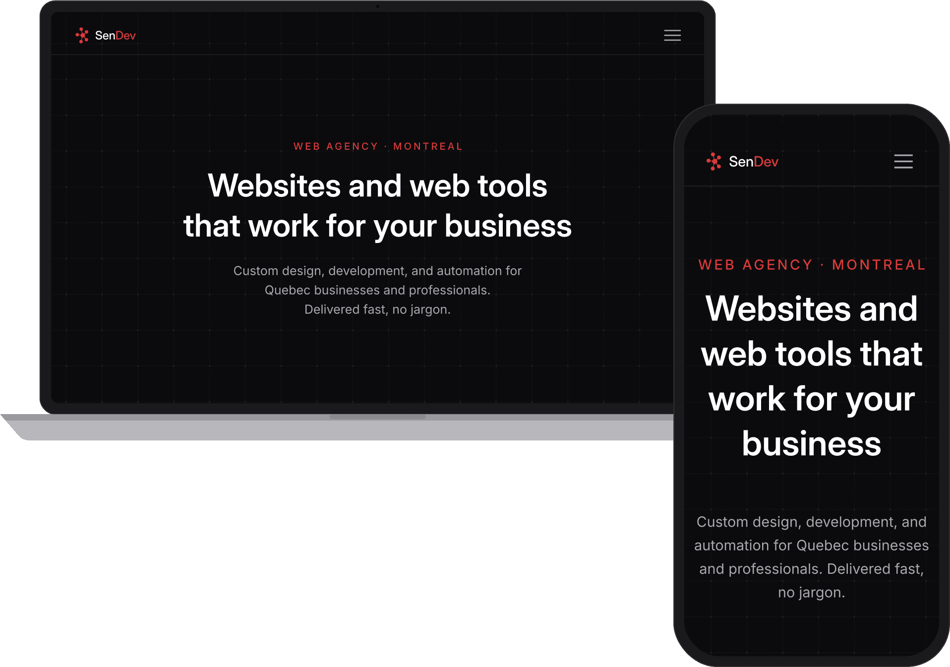 Preview of the SenDev website on laptop and mobile: Web agency in Montreal — Websites and web tools that put your business to work.