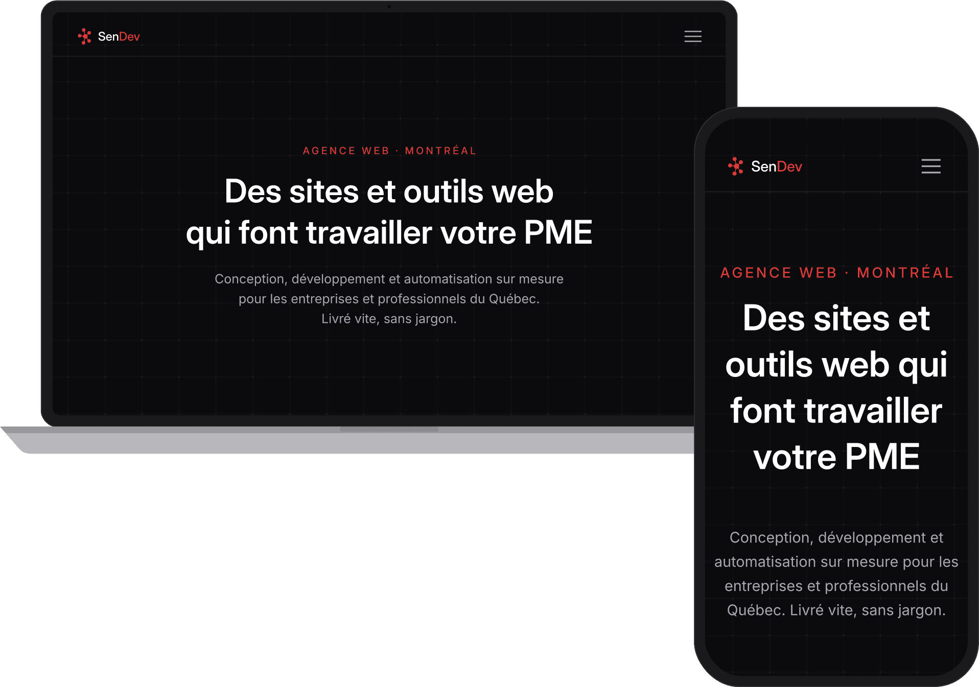 Aperçu du site SenDev sur ordinateur portable et mobile : Agence web à Montréal — Des sites et outils web qui font travailler votre PME.